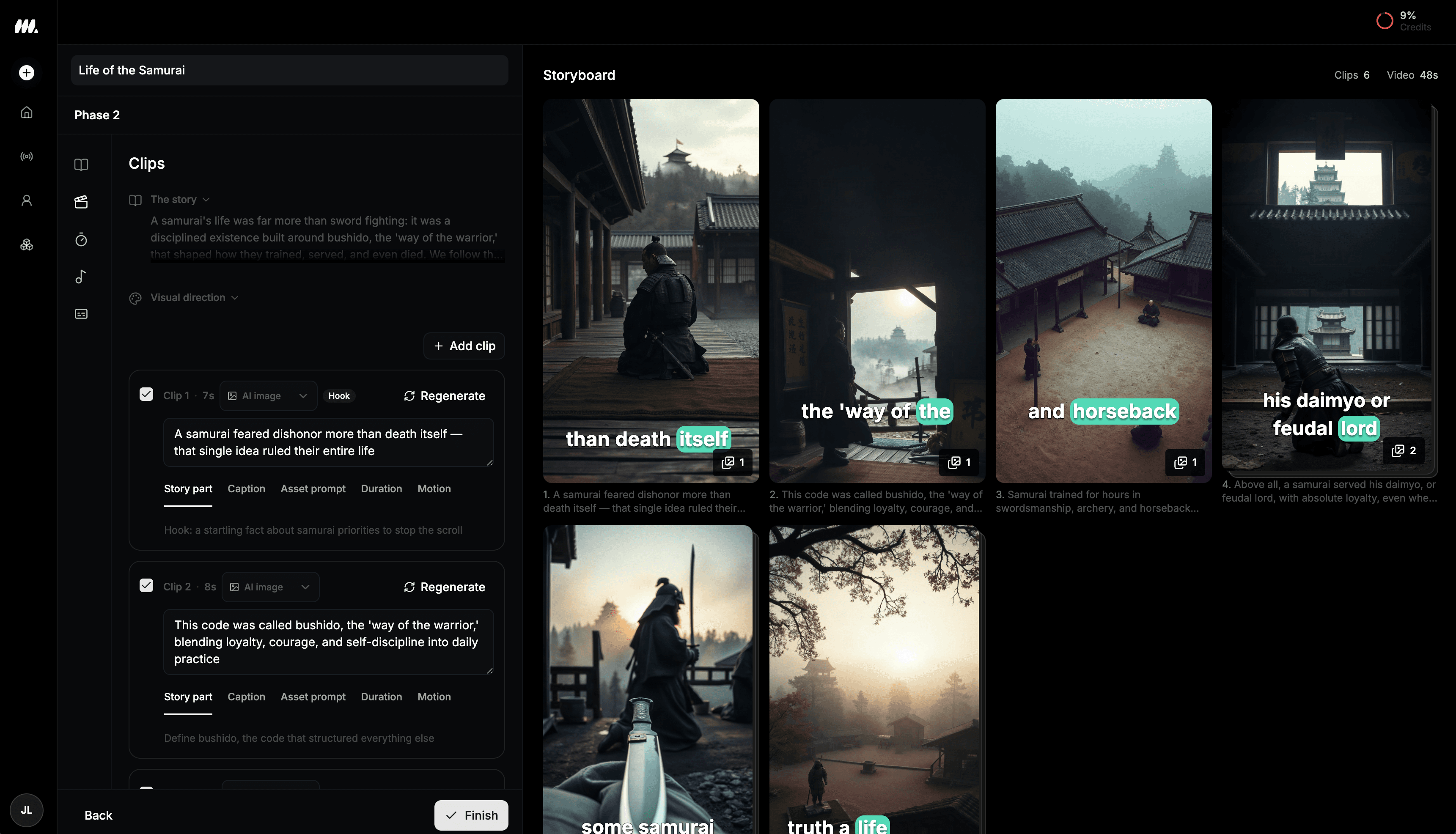 Moralab video studio showing an editable scene, design controls, and a layered timeline.